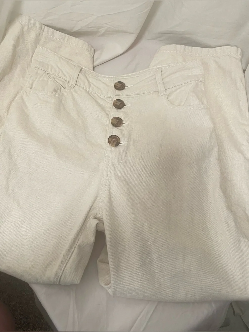Zara Linen Cream Button-Fly Chinos